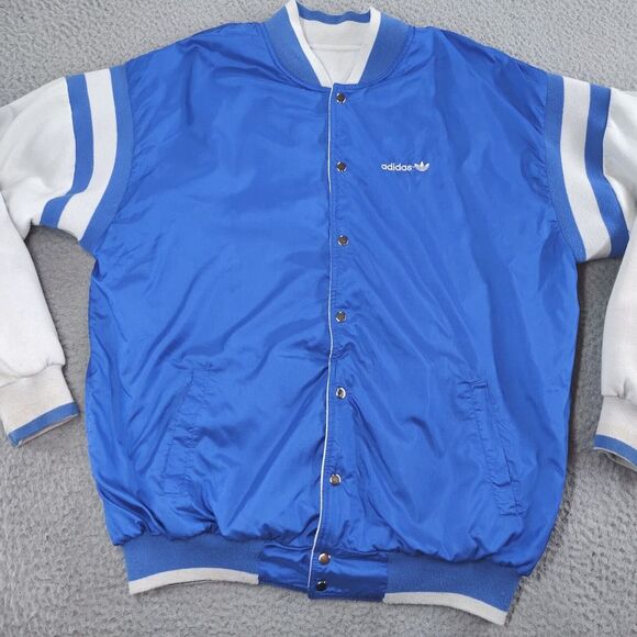 Vintage Adidas Reversible Jacket Mens Large Blue Gray Trefoil Spellout Snap Up - Picture 3 of 16